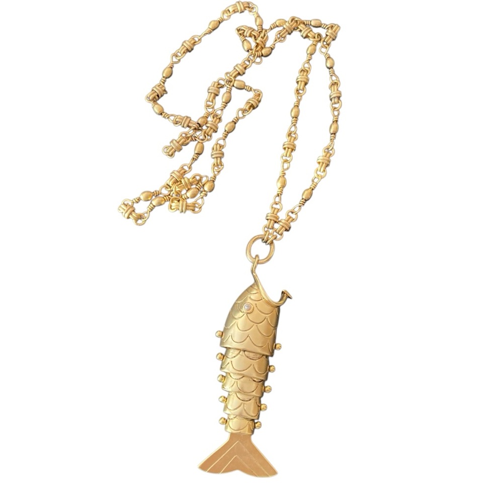 BRINKER + ELIZA | ‘Tall Tale` Fish Necklace 24K Antique Gold Plated Handmade - Picture 5 of 7